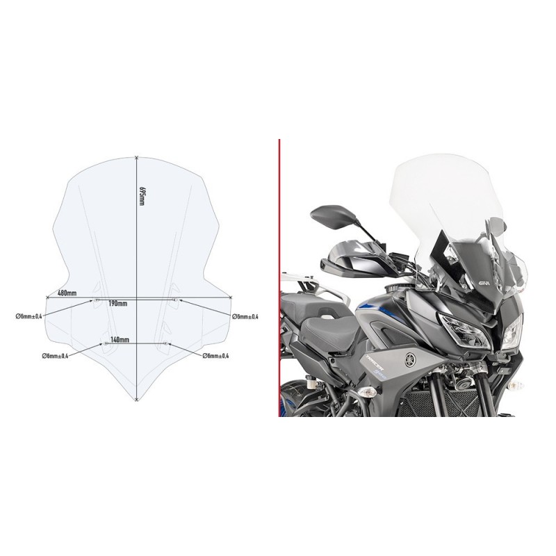 WINDSHIELD GIVI YAMAHA TRACER 900 2018-2020, TRACER 900 GT 2018-2020, TRANSPARENT, WITH MOUNTING KIT