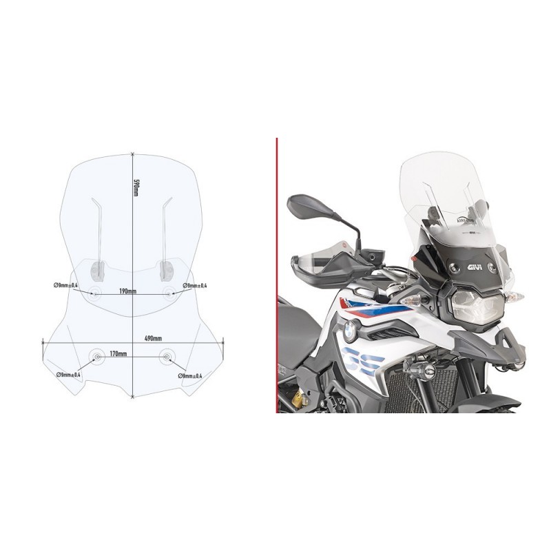 PARABREZZA SCORREVOLE GIVI BMW F 750 GS 2018-2020, TRASPARENTE, CON KIT DI MONTAGGIO