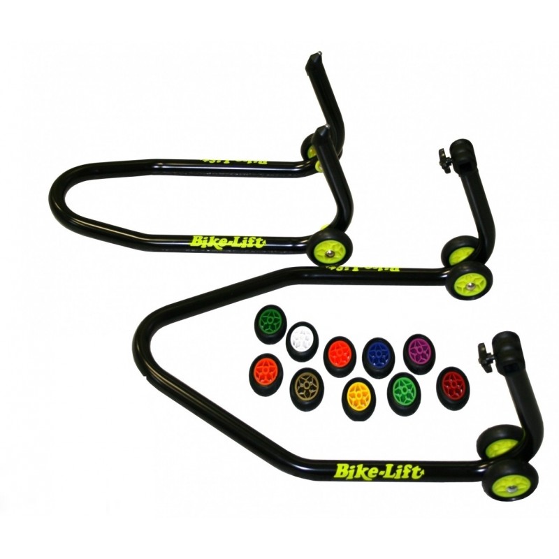 COPPIA CAVALLETTI PER MOTO (ANTERIORE + POSTERIORE) CON SCELTA COLORE RUOTE E SUPPORTI A FORCELLA REGOLABILI