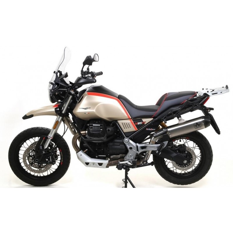 TERMINALE ARROW INDY RACE MOTO GUZZI V85 TT 2021-2023 (EURO 5), ALLUMINIO DARK/CARBONIO, OMOLOGATO