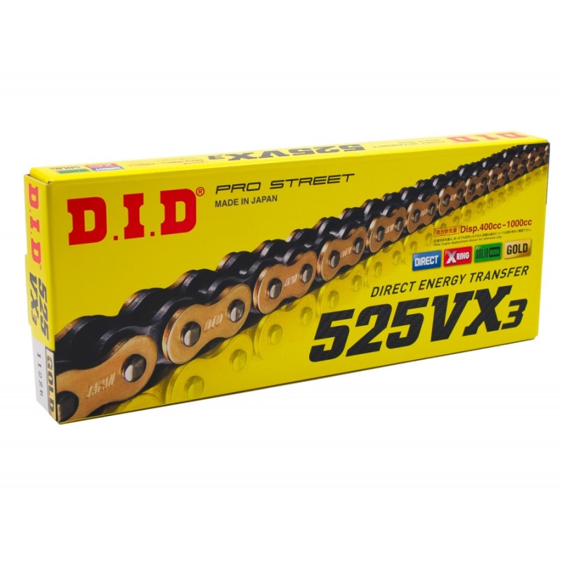 CATENA DI TRASMISSIONE STRADALE DID 525 VX3 G&B 106 MAGLIE CON X RING (GIUNZIONE A RIBADIRE)