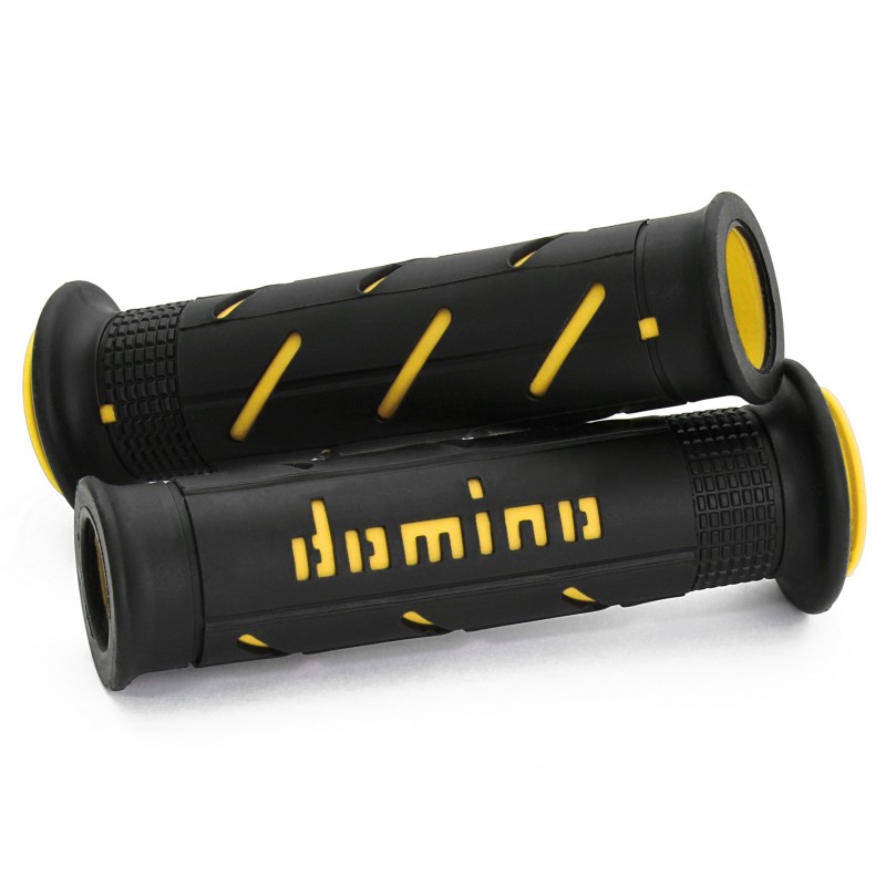 PAIR OF GRIPS DOMINO PERFORATED ON THE SIDES FOR ROAD MOTORCYCLES, BLACK/YELLOW