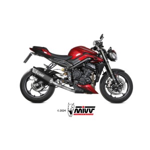 MIVV SR-1 COMPLETE EXHAUST SYSTEM TRIUMPH STREET TRIPLE 765 R 2023-2025 (EURO 5), DEKAT BLACK TITANIUM/CARBON HIGH MOUNT