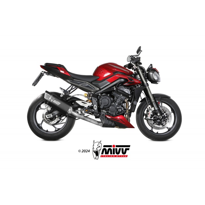 IMPIANTO DI SCARICO COMPLETO MIVV SR-1 TRIUMPH STREET TRIPLE 765 RS 2023-2024, DEKAT BLACK TITANIO/CARBONIO PASSAGGIO ALTO