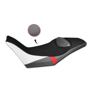 RIVESTIMENTO SELLA ISOTTA COMFORT MOTO GUZZI V85 TT 2021-2023, NERO CON PARTICOLARI GRIGI, BIANCHI E ROSSI