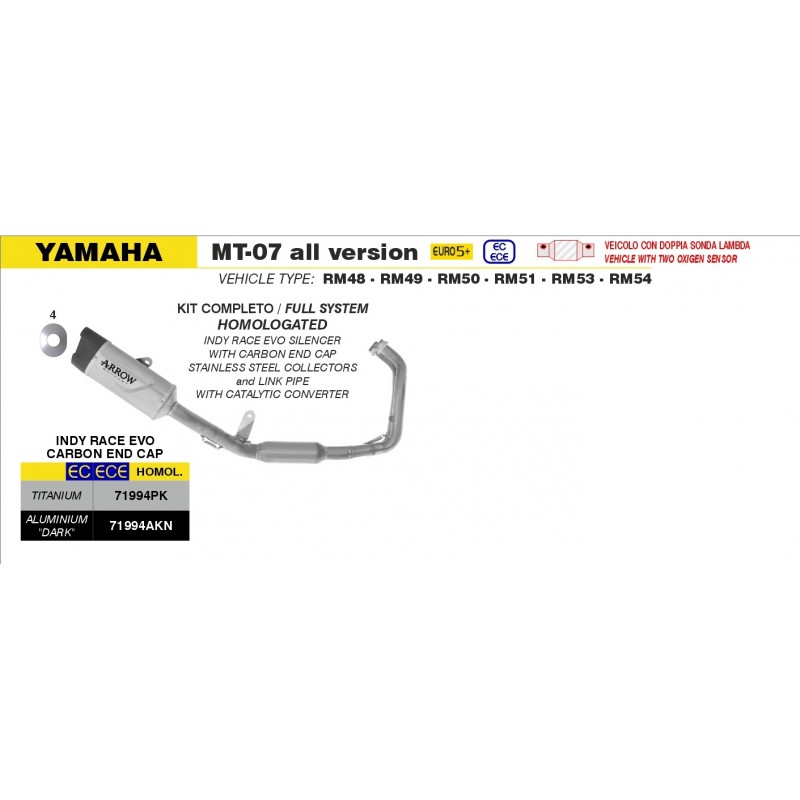 IMPIANTO DI SCARICO COMPLETO ARROW INDY RACE EVO YAMAHA MT-07 2025 (EURO 5+), ALLUMINIO DARK/CARBONIO, CATALIZZATO