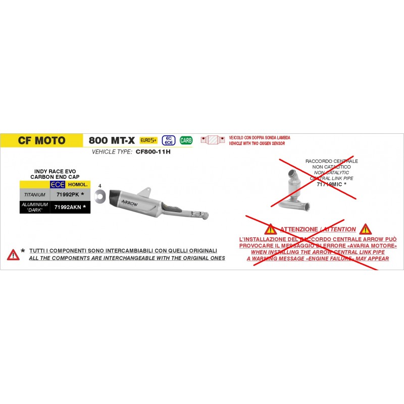 TERMINALE ARROW INDY RACE EVO CF MOTO 800 MT-X ALTA 2025 (EURO 5+), ALLUMINIO DARK/CARBONIO, OMOLOGATO
