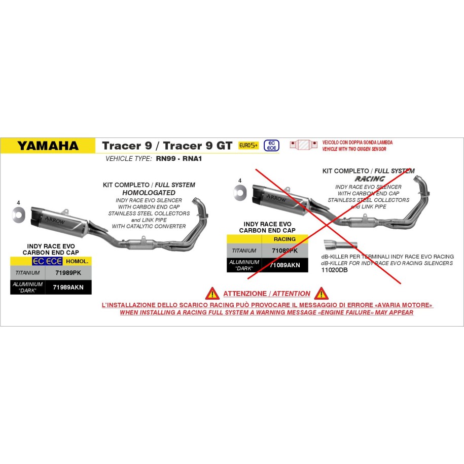 IMPIANTO DI SCARICO COMPLETO ARROW INDY RACE EVO YAMAHA TRACER 9 2025-2026 (EURO 5+), ALLUMINIO DARK/CARBONIO, CATALIZZATO