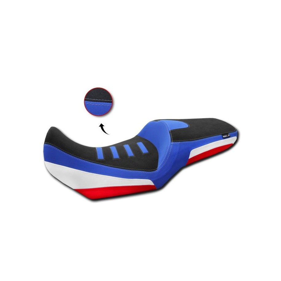 ISOTTA COMFORT RIDER SEAT WITH PROSTATIC CHANNEL HONDA TRANSALP 750 2023-2024, BLUE AND WHITE WITH DETAILS RED