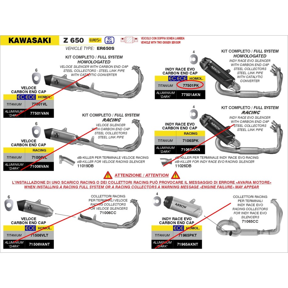 ARROW INDY RACE FULL EXHAUST SYSTEM EVO KAWASAKI Z 650 2024-2025 (EURO 5+), TITANIUM/CARBON, CATALYTIC