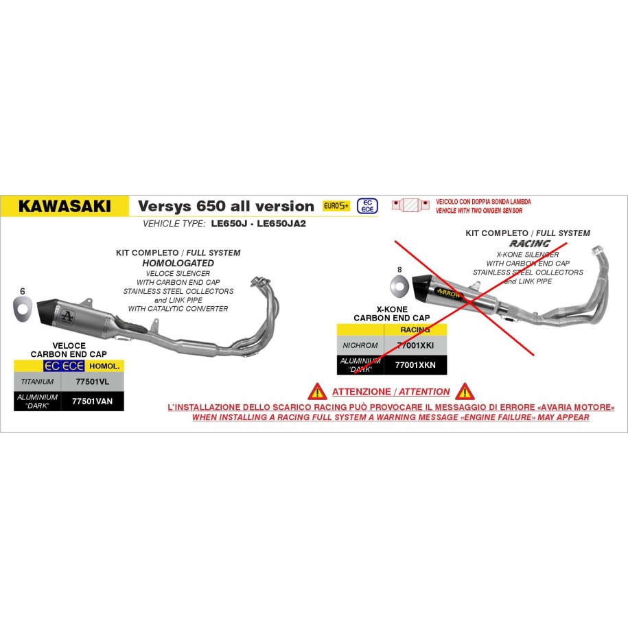 IMPIANTO DI SCARICO COMPLETO ARROW VELOCE KAWASAKI VERSYS 650 2024-2026 (EURO 5+), TITANIO, CATALIZZATO