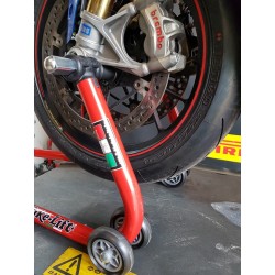 MOTORCYCLE FRONT STAND WITH SINGLE ROLLER SUPPORTS FOR RADIAL CALIPER