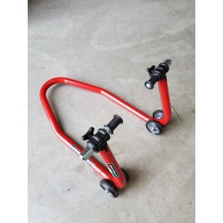 MOTORCYCLE FRONT STAND WITH SINGLE ROLLER SUPPORTS FOR RADIAL CALIPER