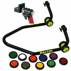 BLACK MOTORCYCLE REAR STAND WITH COLORED WHEELS AND RUBBER SUPPORTS