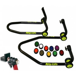 PAIR OF STANDS FOR MOTORCYCLES (FRONT+REAR) WITH COLOR CHOICE OF WHEELS AND ADJUSTABLE RUBBER SUPPORTS