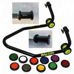 BLACK MOTORCYCLE REAR STAND WITH COLORED WHEELS AND SINGLE ROLLER SUPPORT